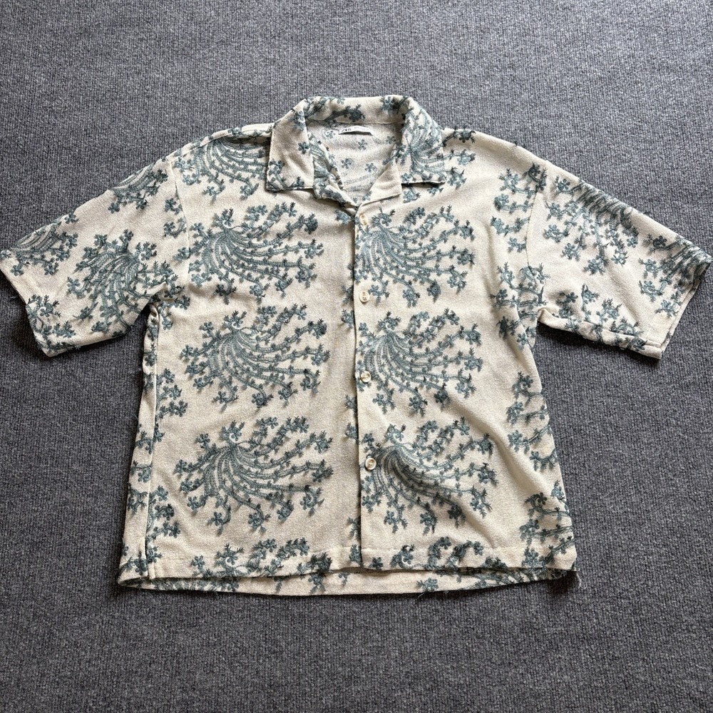 Zara Button Up Shirt Men's Med Tan Green Floral Vine Bowling Collar Short Sleeve